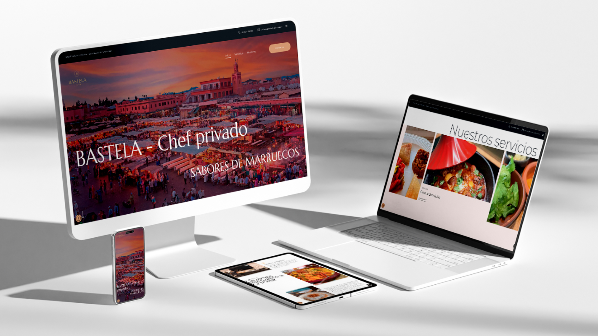 Web Bastela de chef privado mostrada en varios dispositivos