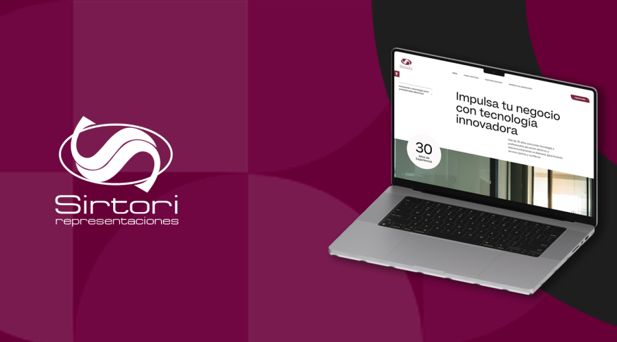 Portátil con web Sirtori sobre fondo corporativo